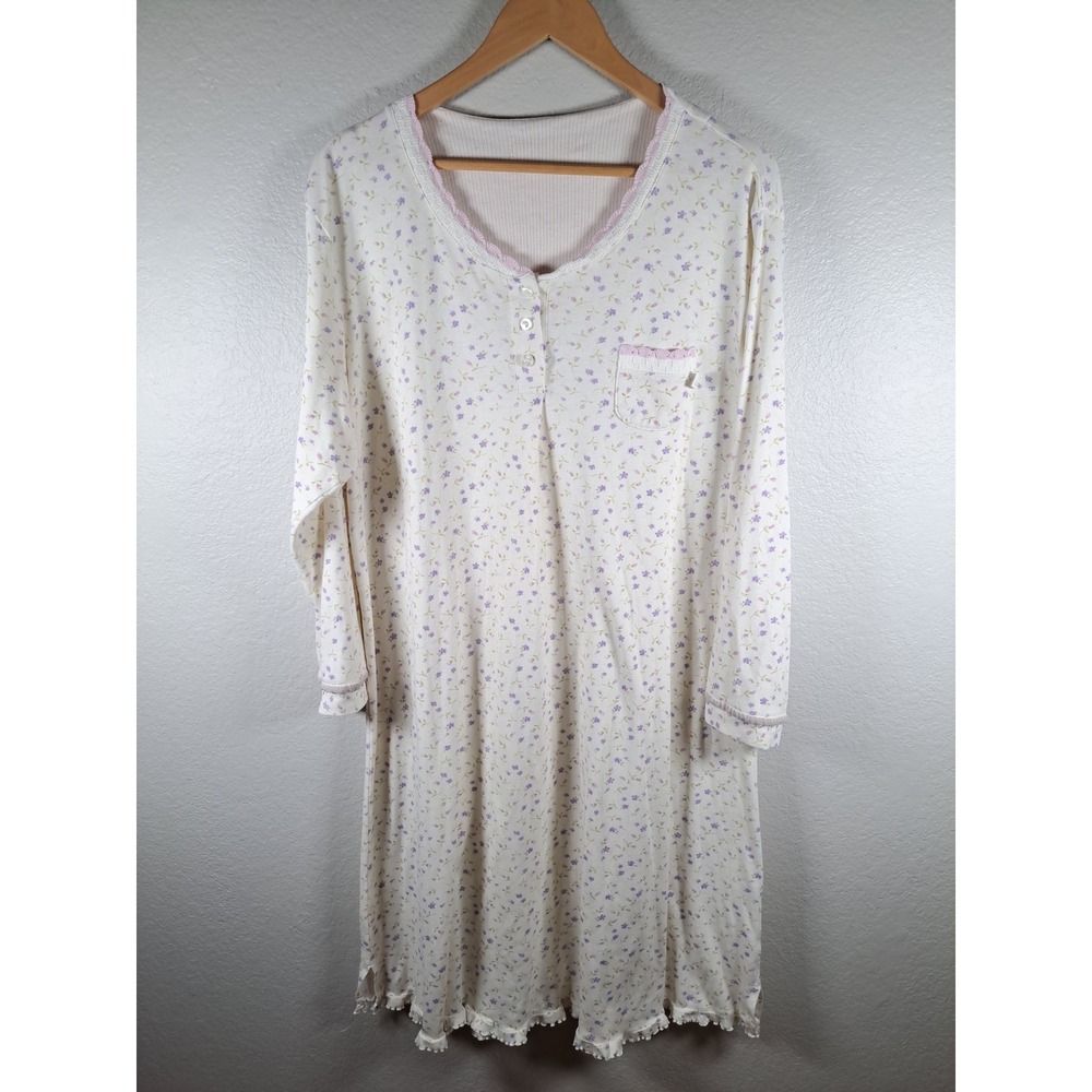 Karen Neuburger Floral Henley Nightgown Long Sleeve Lace Trim Cream Purple L